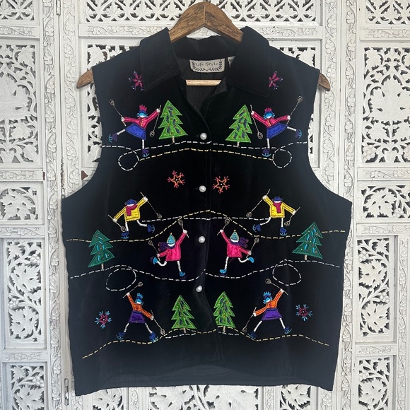 Lifestyle Sweaters - Vintage Lifestyle Black Velour Winter Themed Iceskating Button Up Collared Vest‎